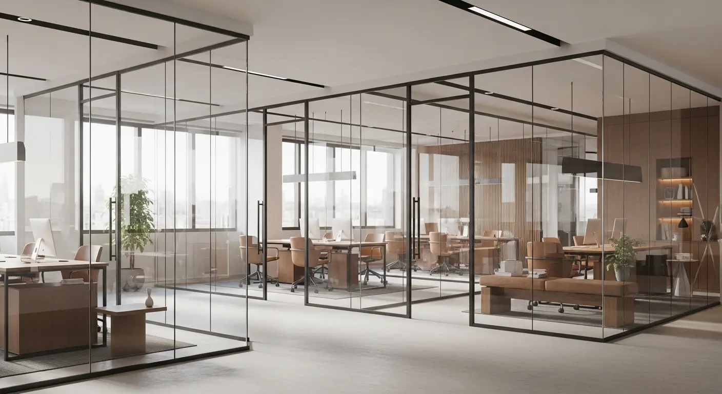 Modern European corporate office with glass-walled meeting rooms - Go Ahead HiRe recruitment